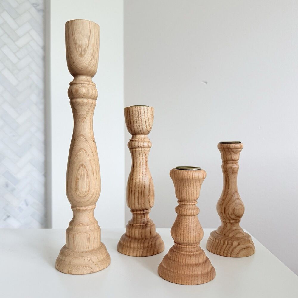 Anthropologie Sawyer Ash Wood Slim Taper Candle Holder Set of 4 Multi Height